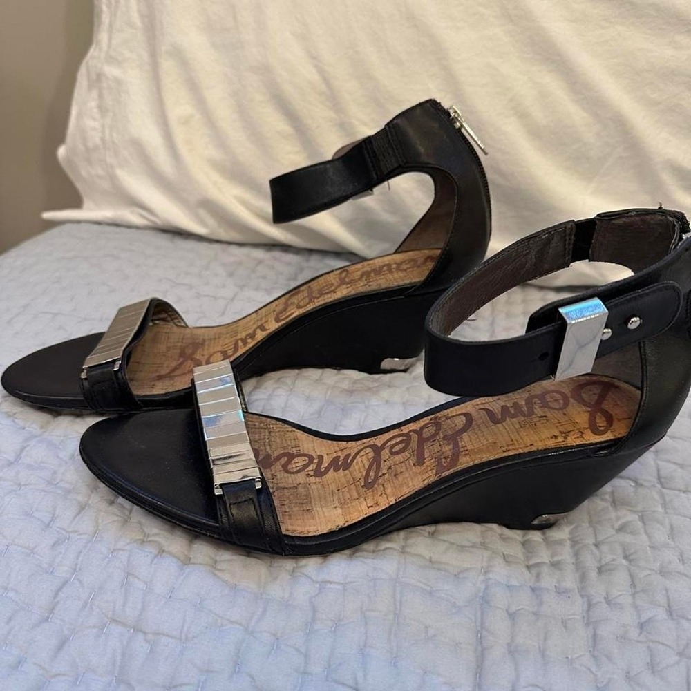 Size 10 Black leather Sam Edelman wedge zip up (ankle strap is adjustable) heels